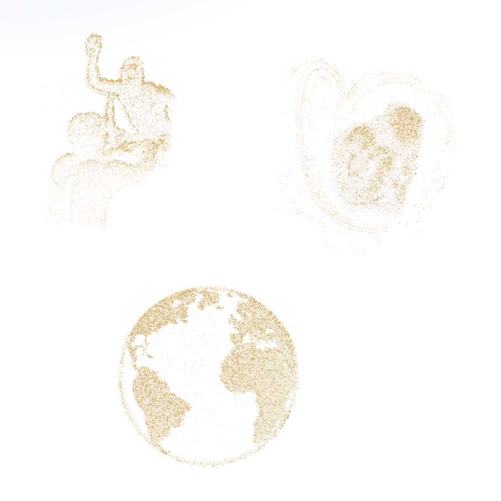 A constellation of gold points forming the three forces as they draw together: Pelé carried by fans, Leonardo da Vinci's study of a child in the womb, and the Earth seen from space with its continents.
